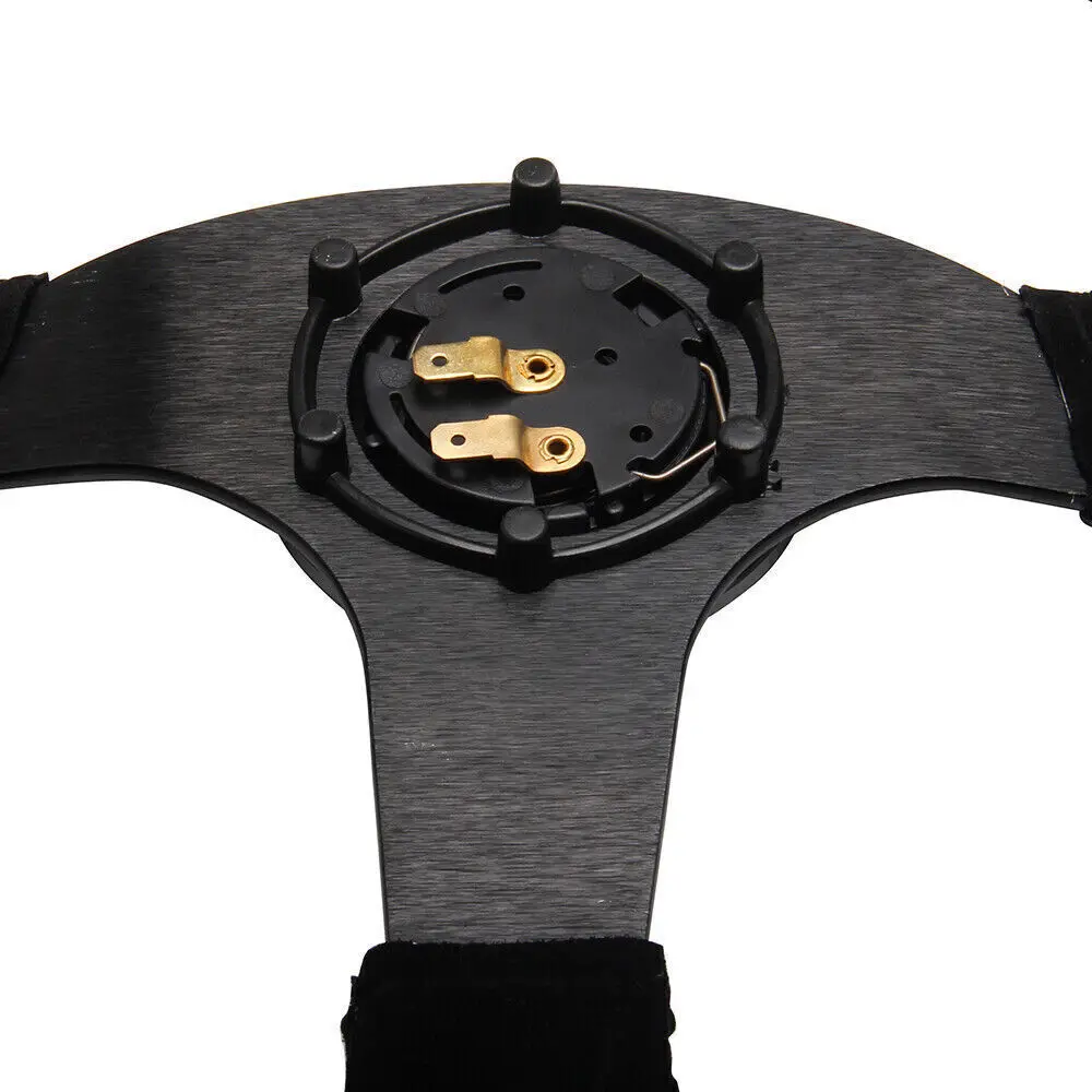 عجلة قيادة عالمية مقاس 14 بوصة 350 مم من جلد الغزال الأحمر مع زر قرن من سبائك الألومنيوم