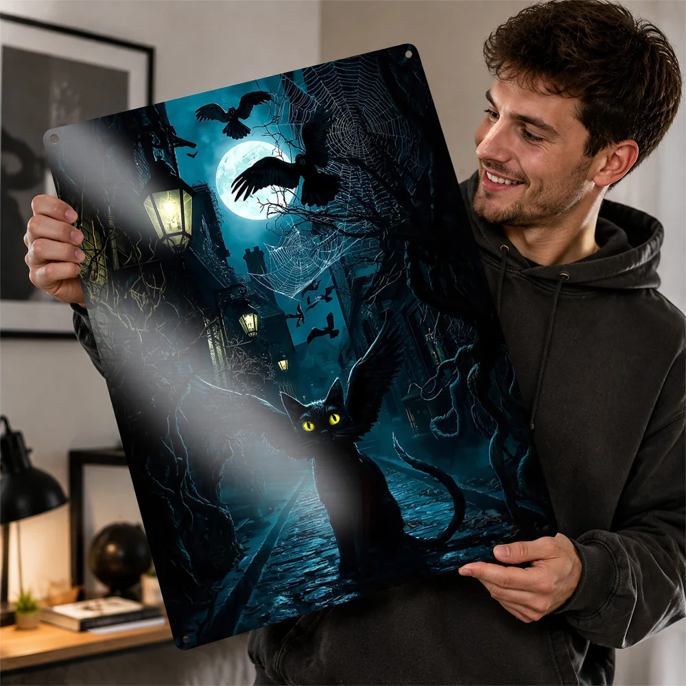 Winged Black Cat in Spooky Alley Poster Retro 3D Printed Metal Signs Customized Wall Hanging Gift for Decor Living Room Tin Sign