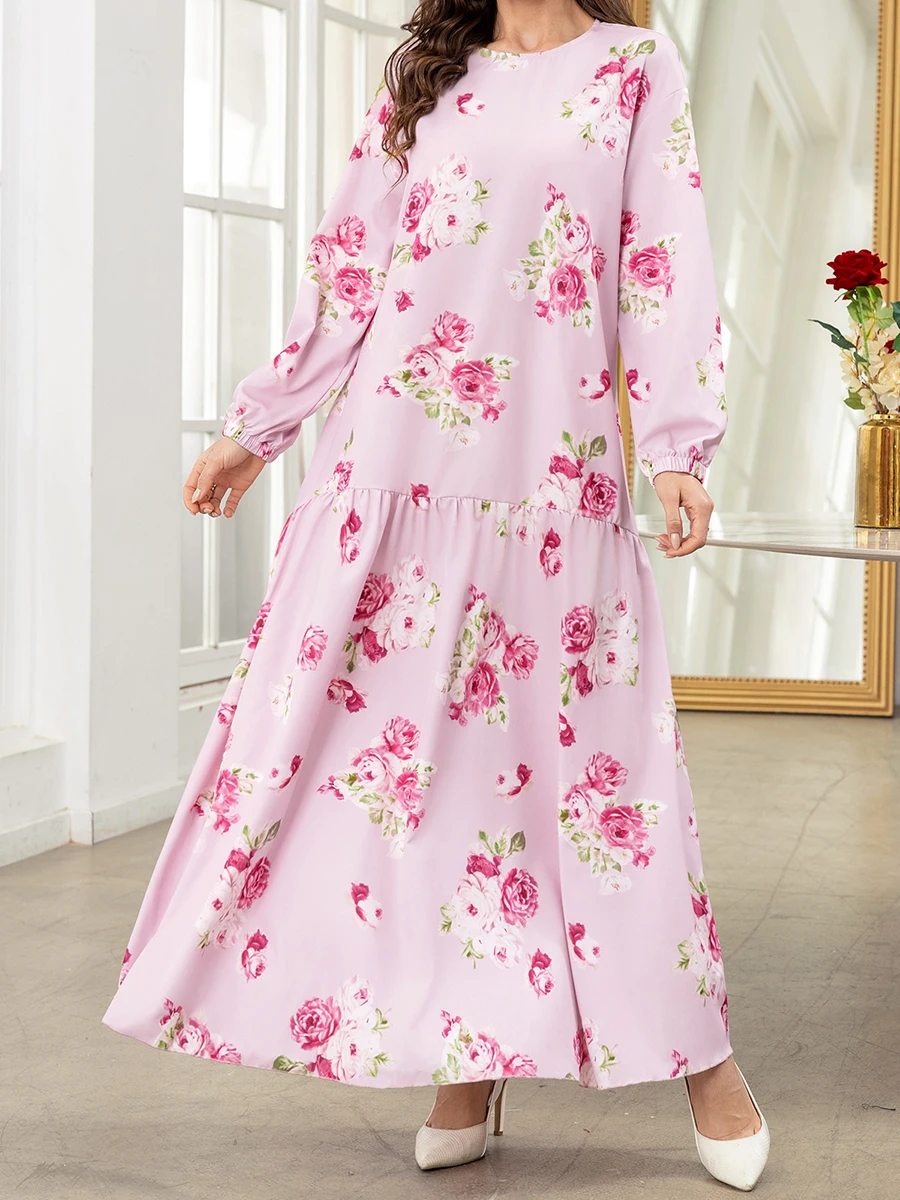 New Fashion Womens Bohemian Caftan Long Dress Robe Long Sleeve Round Neck Floral Print Kaftan Dress S-XL