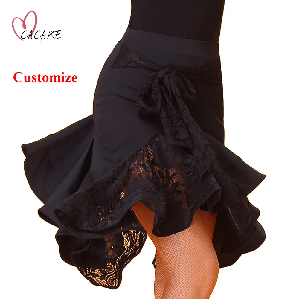 Latin Dance Skirt Latin Dance Costume Danse Latine Black Patchwork Meryl with Ruffled Lace Hem Belt Dancewear D1340 Customize