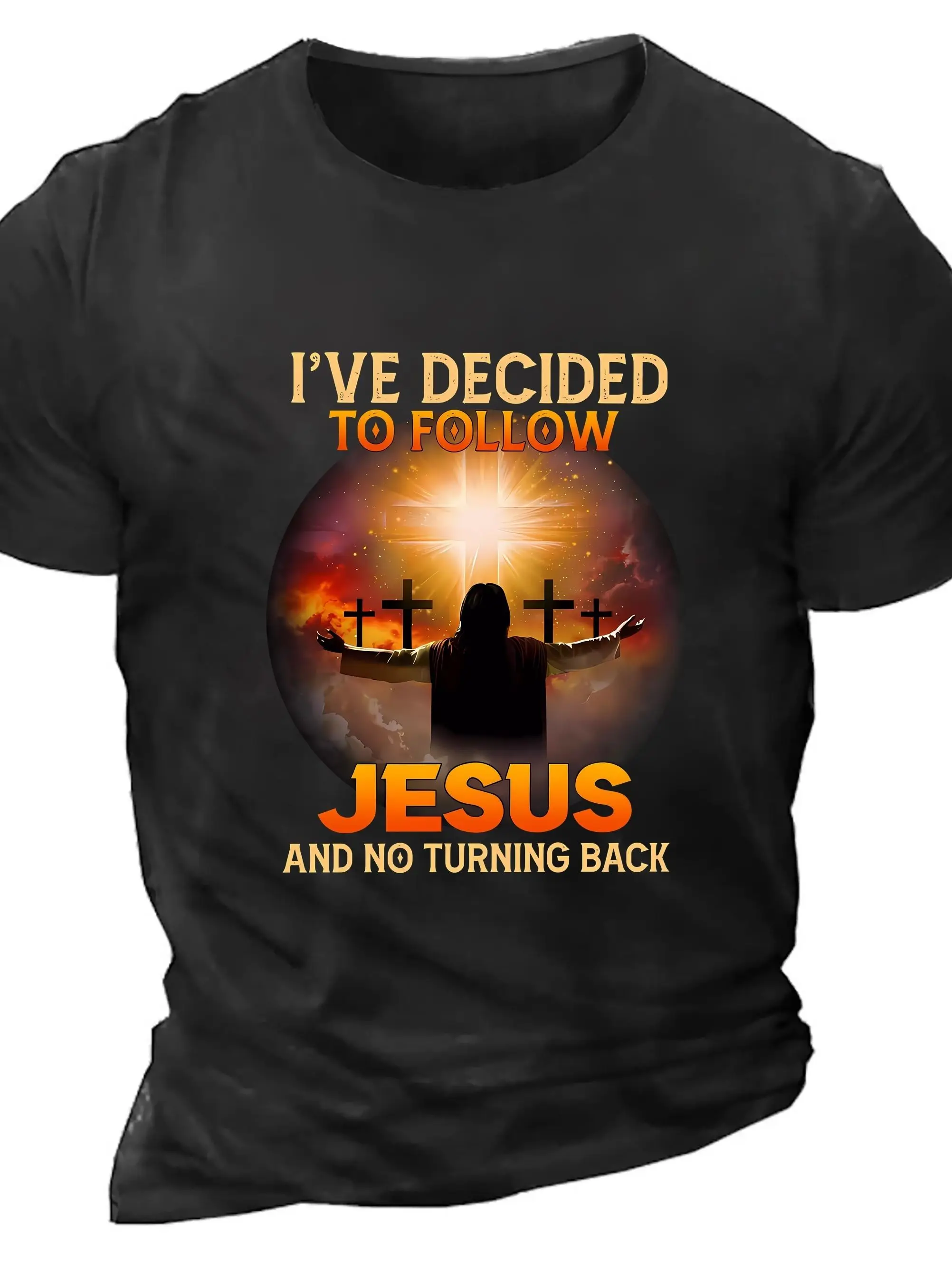 تي شيرت رجالي بنمط ديني 100% من القطن الخالص، قميص بأكمام قصيرة يسمح بمرور الهواء يتميز بتصميم صليب يسوع وشروق الشمس #2