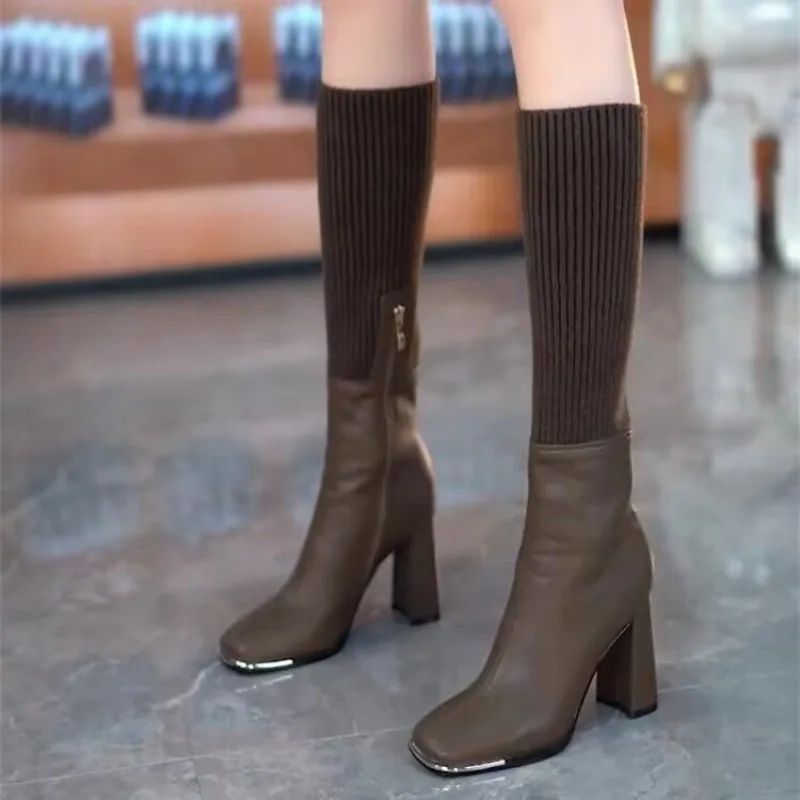 

2025 Autumn Winter Women's Knit Sock Boots Over The Knee Stretch Sleek Pointed Toe Chunky Heel Belt Buckle British Style Boots