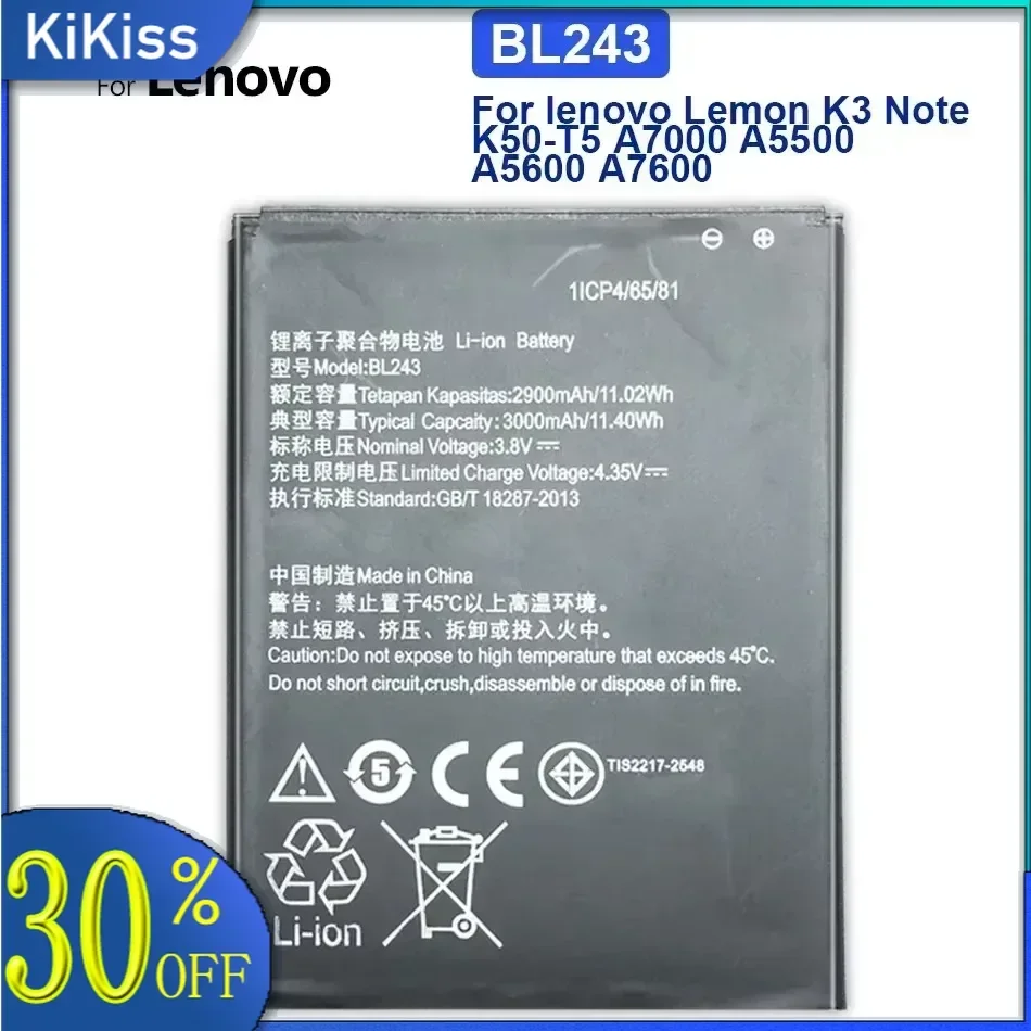 Battery for Lenovo K3 Note, K50-T5, A7000, A5500, A5600, A7600-M, 2900mAh, Tracking Number, BL243