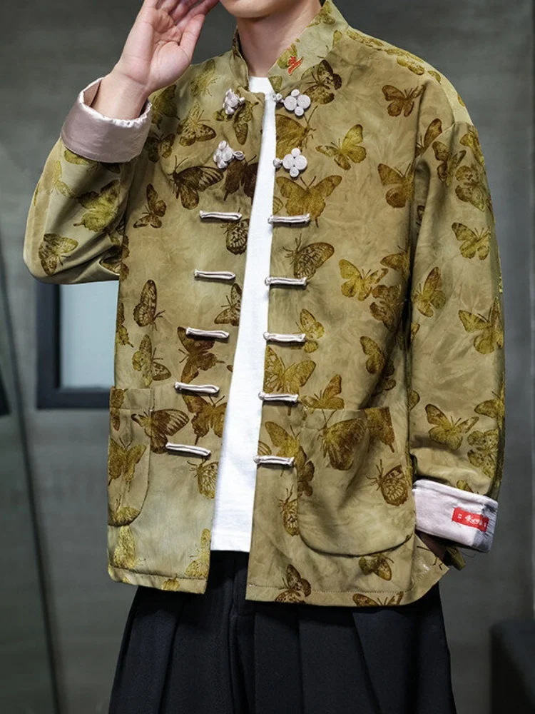 

New Chinese Sle Men's Spring Autumn Velvet Print Jaet Improved Hanfu Large Size Button Outerwear