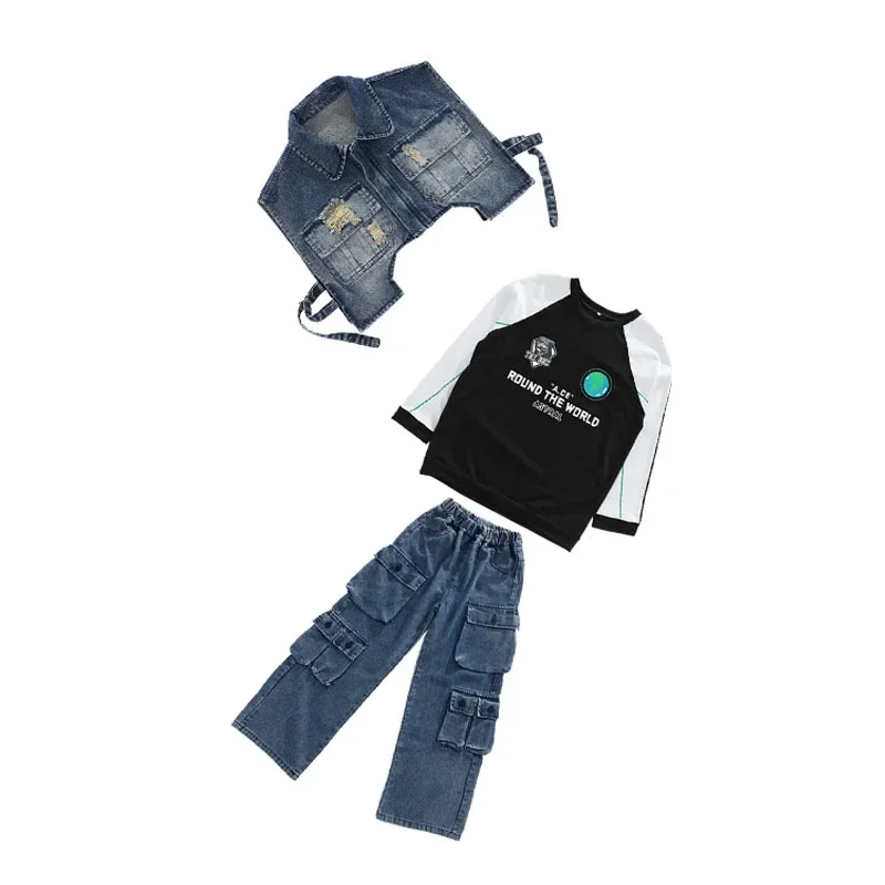 Enfant Hip Hop vêtements Denim bleu gilet veste longue sweat décontracté Multi poches jean pantalon pour fille garçon danse Costume vêtements