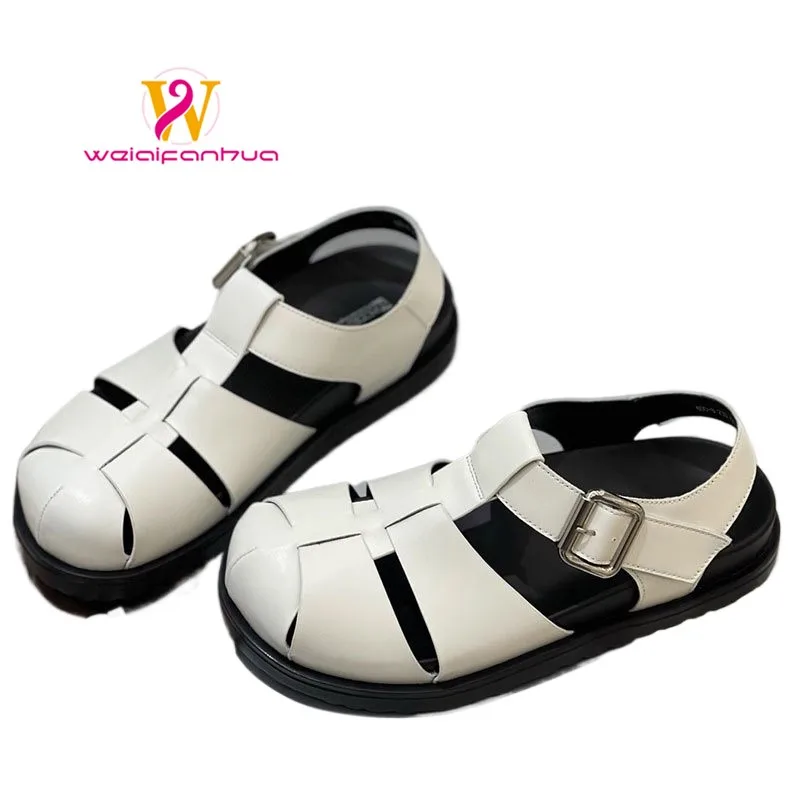 

Women's Sandals 2026 New Style Thick-soled Genuine Leather Woven Cage Shoes Flat Roman Beach Hollowed-out Hole Shoes Luxury