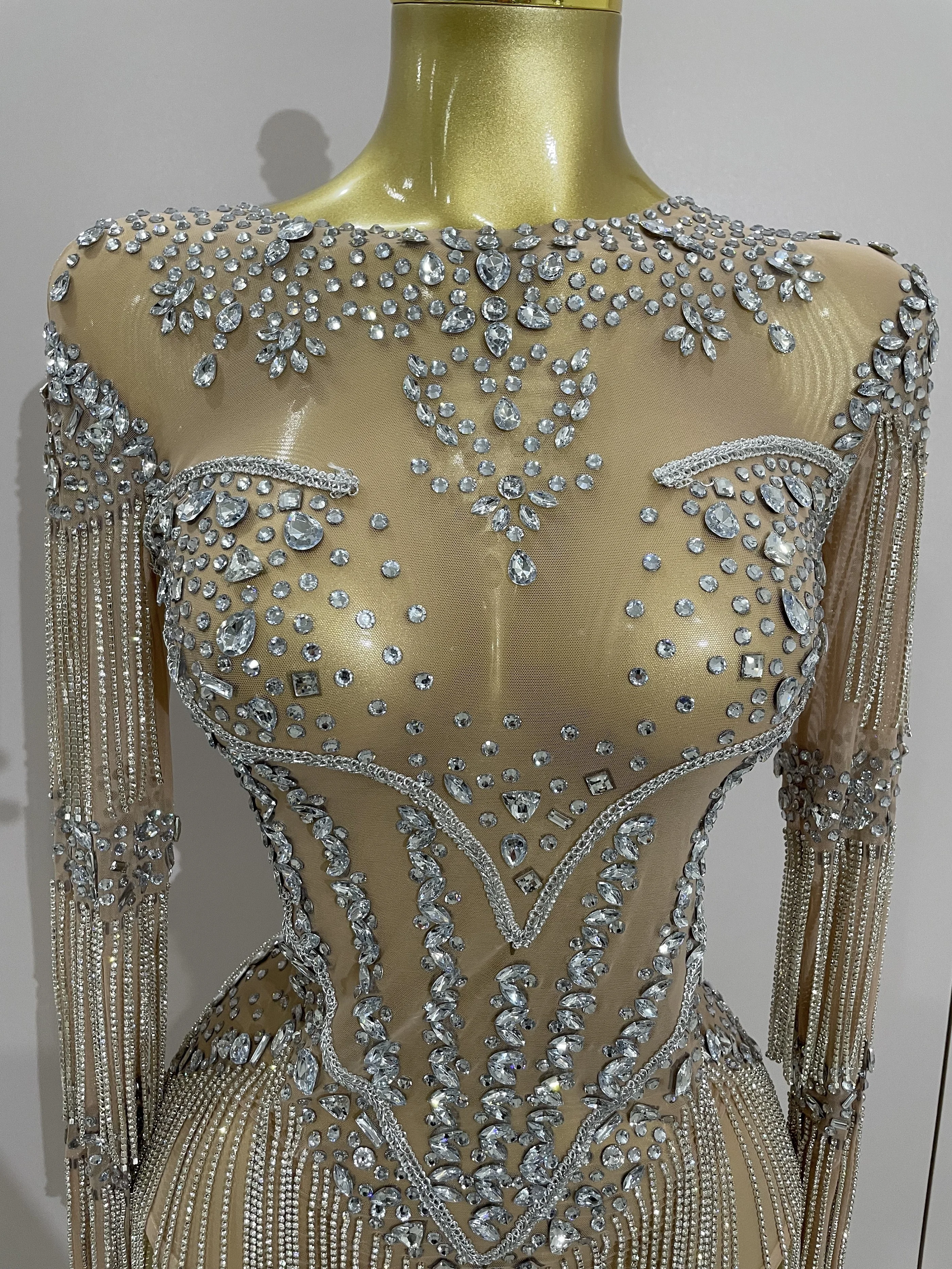 

Luxury Sparkly Rhinestone Chain Sexy Mesh See Through Bodysuit 2025 Women Birthday Party Performance Dance Nightclub Stage wear
