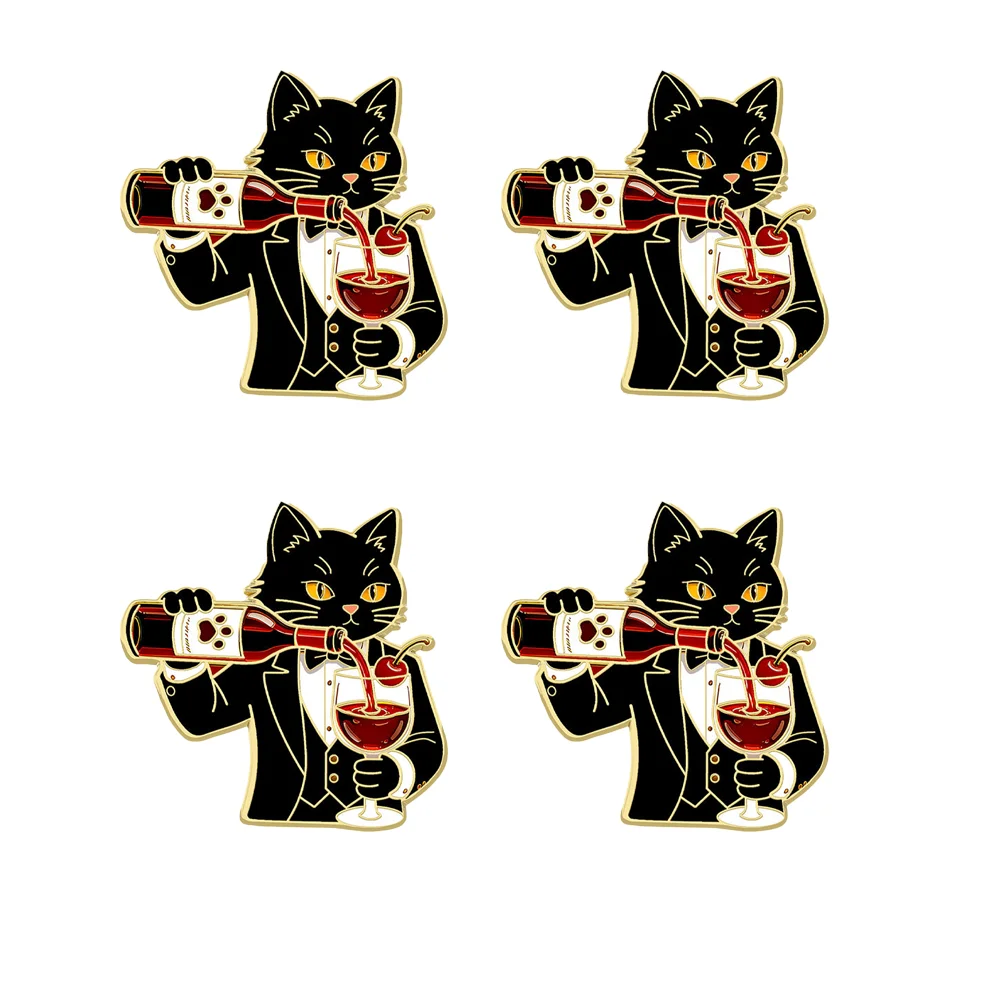 4pcs Wine Cat Enamel Pins Set Funny Waiter Cat Brooches for Backpacks Creative Red Wine Styling Bartender Cat Themed Brooch