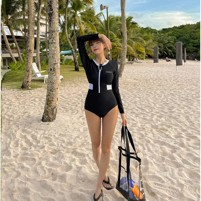 

Women One Piece Swimsuit Zipper Front Full Coverage Long Sleeve Rash Guard Bathing Suit Padded Surf Snorkeling Wetsuit