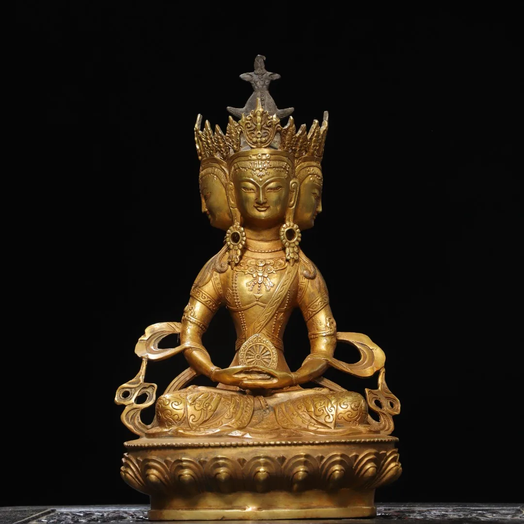 Temple Collection Old Bronze Cinnabar Gilded Four sided Guanyin Buddha Head Sitting Buddha Lotus Buddha Terrace  Worship Hall