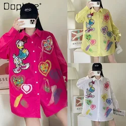 Fashion Beads Sequins Loose Mid-Length Long-Sleeved Cardigan Women 2024 Spring New Cartoon Printed Single-Breasted Shirt Female