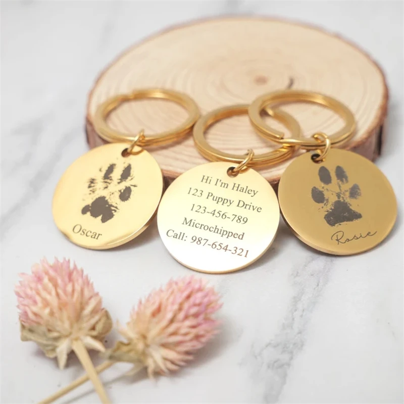 Tag Keychain Dog Cat Paw Print Personalized Keychain Pet ID Tag Engraved Pet ID Name for Cat Puppy Dog Tag Name Pet Accessories