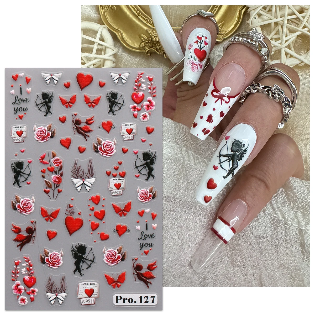 4 pièces saint valentin dessin animé amour français gaufrage Nail Art autocollants-faciles à appliquer pour la décoration des ongles, autocollants artistiques, bricolage, cadeaux,