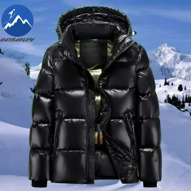 

Maxbarley Зимняя черная золотая блестящая куртка Мужская легкая роскошная дизайнерская толстая теплая стеганая куртка Снежная лыжная водонепроницаемая парка с капюшоном