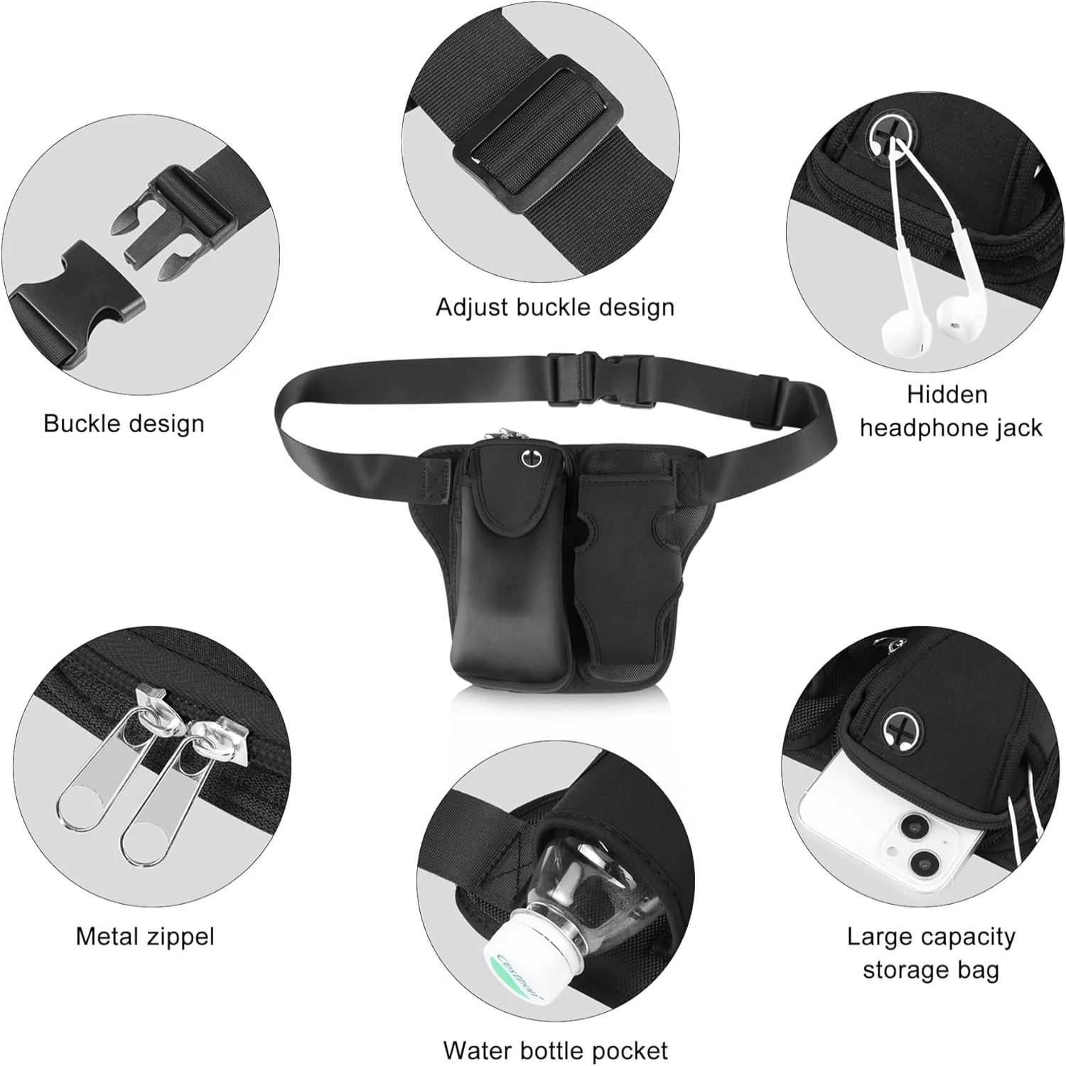 Black Running Belt with Adjustable Strap, Water Bottle Holder, Phone Pocket - Fanny Pack for Men and Women - Fits 6.9" Phones