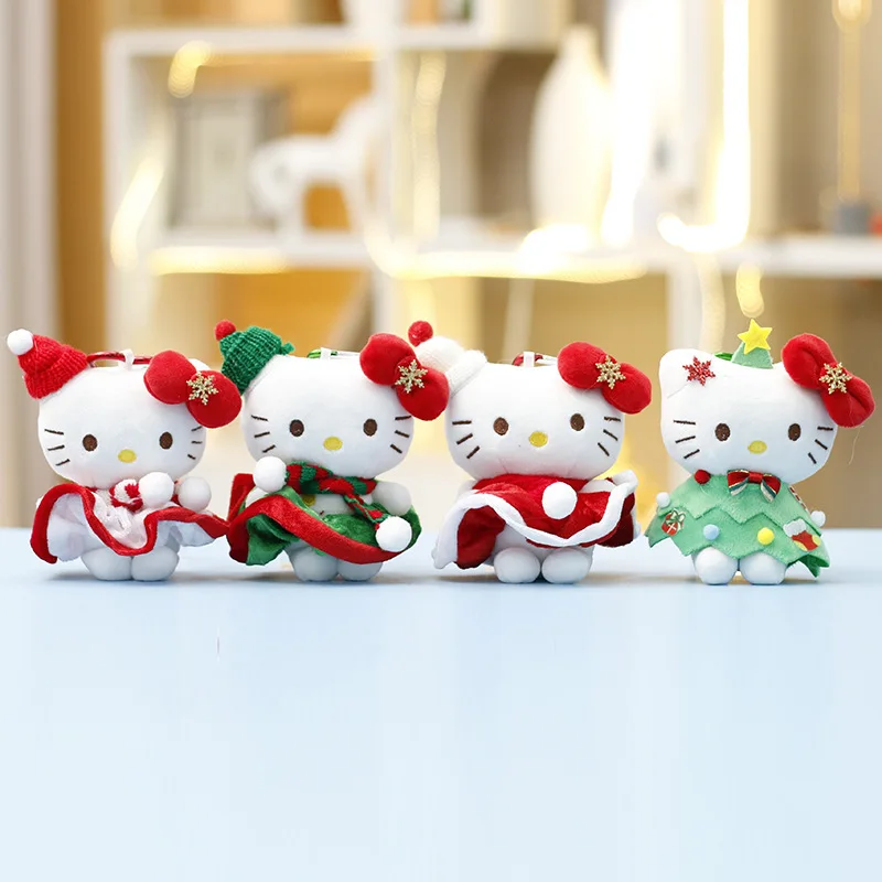 13CM Anime Hello Kitty Christmas Tree Snowman Style Plush Doll Keychain Kawaii School Bag Pendant Accessories Holiday Gift