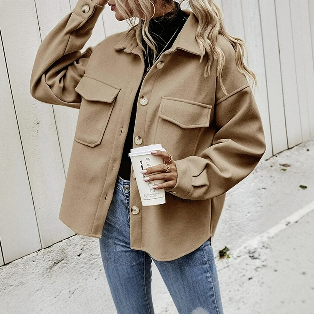 

Женское однобортное шерстяное пальто, европейско-американская мода, повседневный свободный топ с лацканами