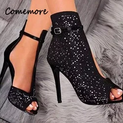 Comemore 2023 Women Crystal Sexy Sandals Heels Ankle Straps Buckle Pumps Ladies Sandal Party Goth High-heeled Shoes Black 42 43