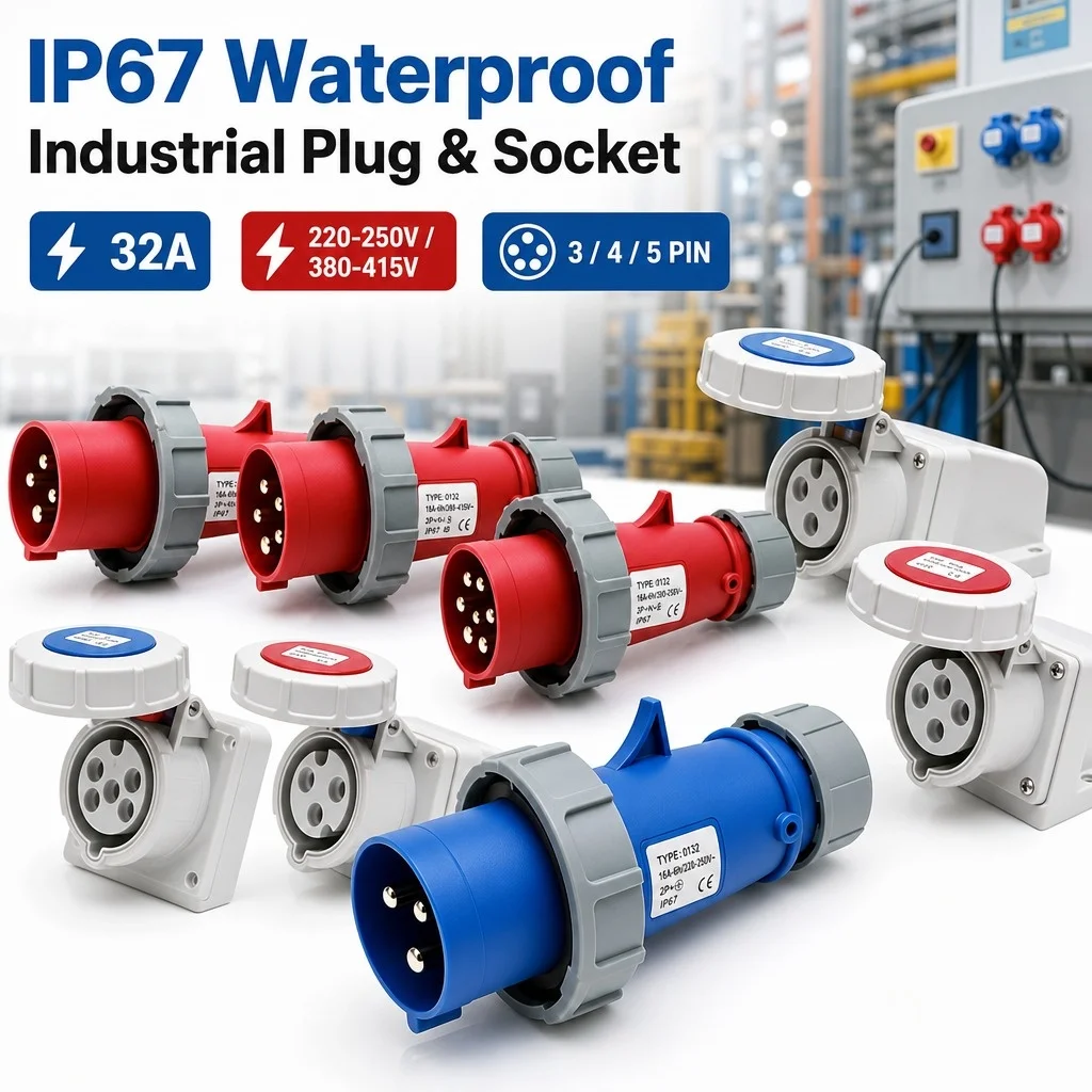 

IP67 32A Industrial Plug Socket Set 3/4/5 Pin 220V-380V-415V, Male & Female with Pure Copper Contacts, Surface or Flush Mount