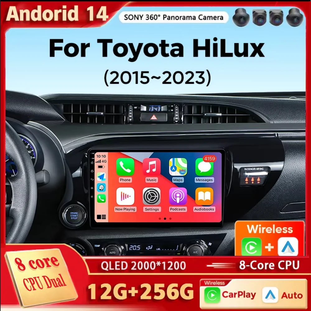 Android 14 Carplay Auto For Toyota Hilux LHD 2015 2016 2017 2018 2020 2021 2023 Car Radio Multimedia Video Player Navigation GPS