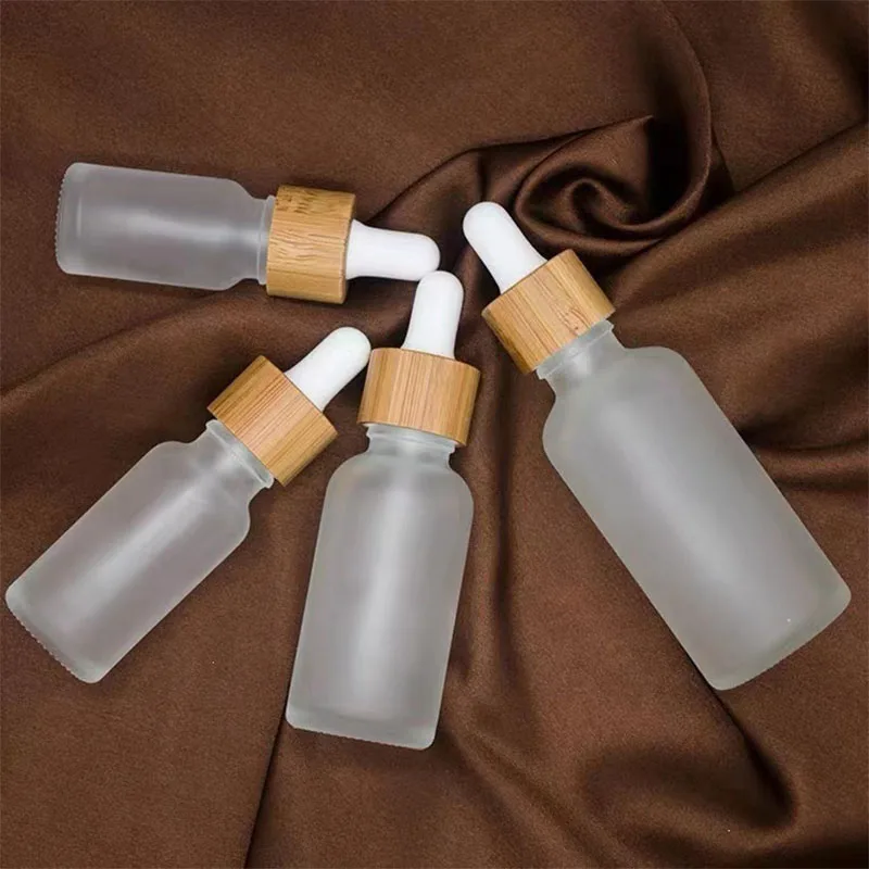 20PCS 5-100ML Empty Frosted Glass Dropper Bottles With Wood Bamboo Lid Essential Oil Cosmetic Containers Refillable Dispenser