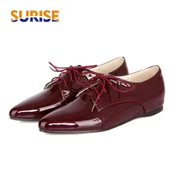 Big Size Women Flats Lace Up Brogues Derby Patent Leather Pointed Toe Casual Party Dress Height Increasing Vintage Lady Oxfords