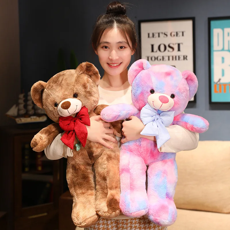 60/80cm Kawaii Plush Bear Pillow Toys Rabbit Plush Stuffed Animal Dolls Colorful Bow Bear Nice Birthday Gift for Children