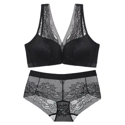 Plus Size Bra Set for Women Lace Wireless Bra Front Open Lingerie Set Elegant Push Up Gathering Underwear Ladies Brief Set