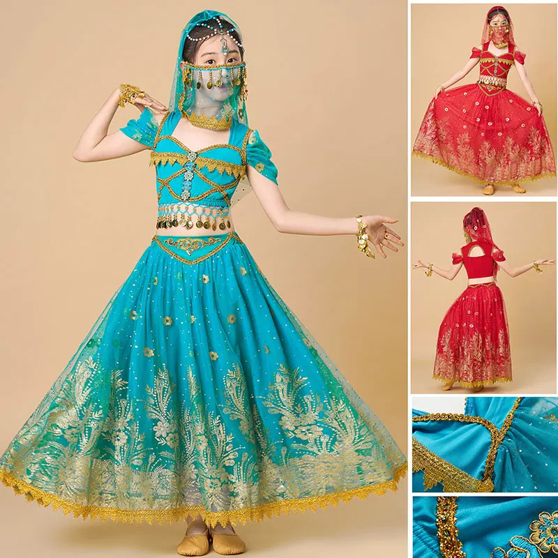 Dziecięcy festiwal księżniczek Cosplay taniec brzucha Top zestaw sukienek indyjskie arabskie sari dziewczyny jaśminowy kostium Bollywood dziecko Rave strój