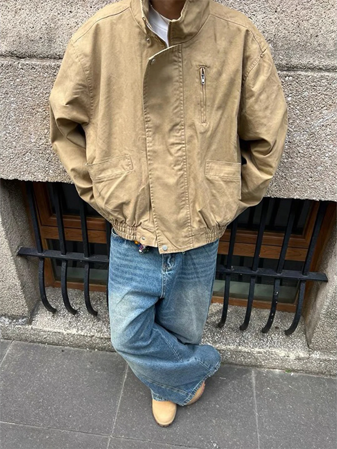 

Khaki ort Workwear Jaet Men's Zipper Design Pilot Sle Autumn Outerwear Casual Youth lar Loose Fit Anti-Wrinkle