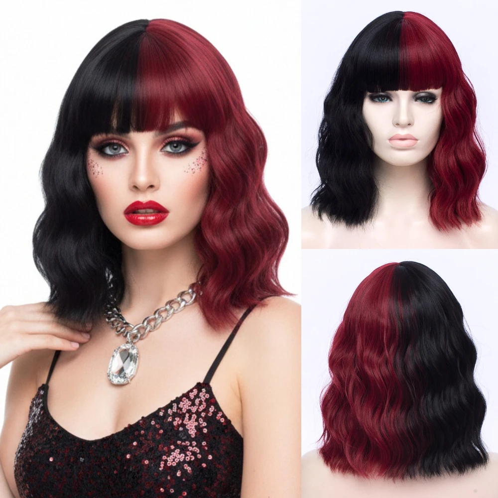 12” Two Tone Synthetic Short Bob Wig with Bangs Natural-Looking Wig for Women Ideal for Daily Life Cosplay & Party Occasions