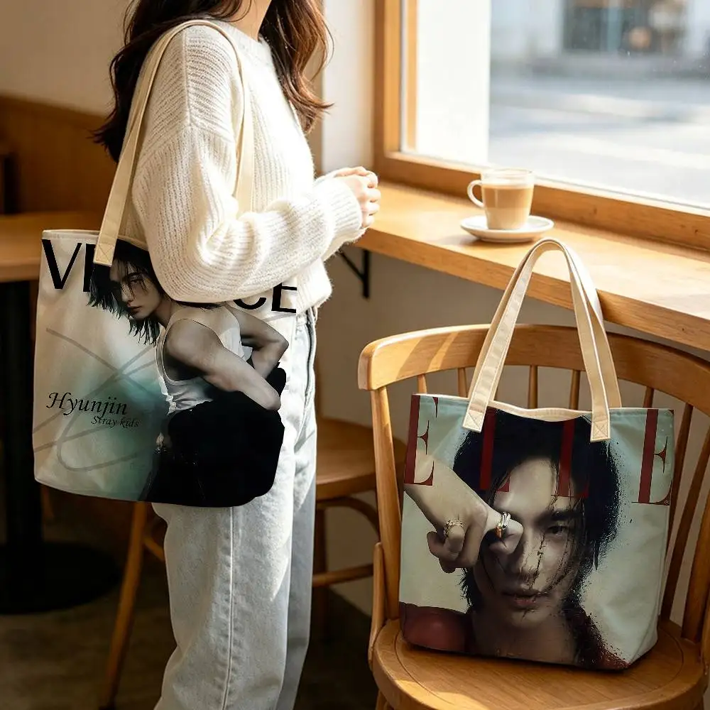 Kpop HYUNJIN Design Tote Bag Vibrant Printed Reusable Grocery Bags Spacious Shoulder Handbag for Work