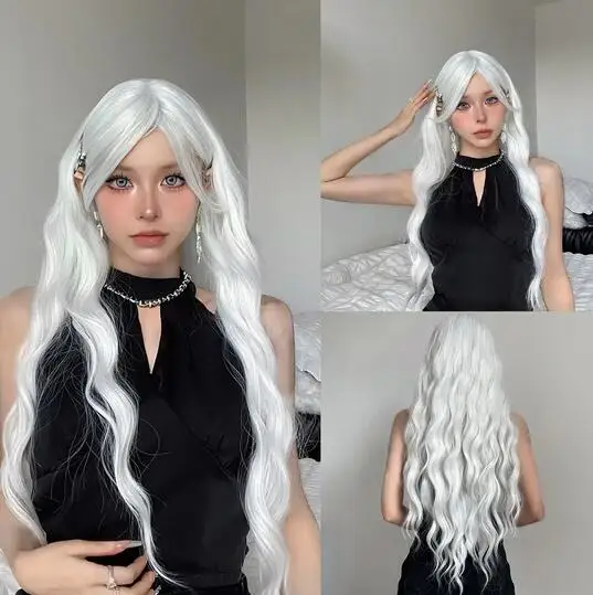 

Long Water Wave Wig with Bangs White Colorful Cosplay Silky Wig for Women Daily Party Natural Soft Synthetic Hair Heat Resistant