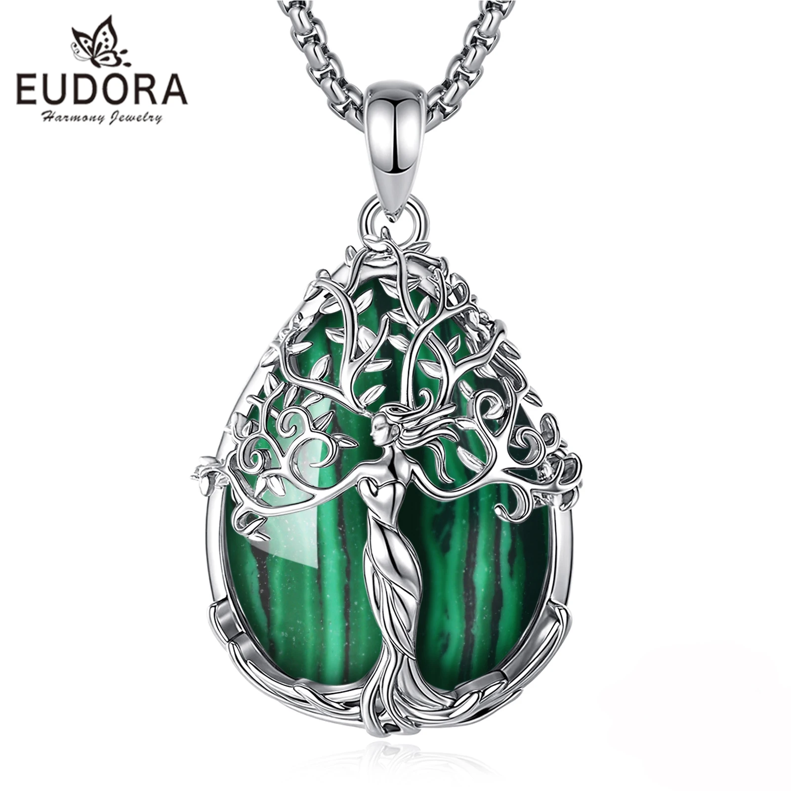 

Ожерелье Eudora «Дерево жизни» Богини Малахит Исцеляющий Кристалл Камень Кулон Духовные Ювелирные Изделия Праздничный Подарок для Женщин Матери