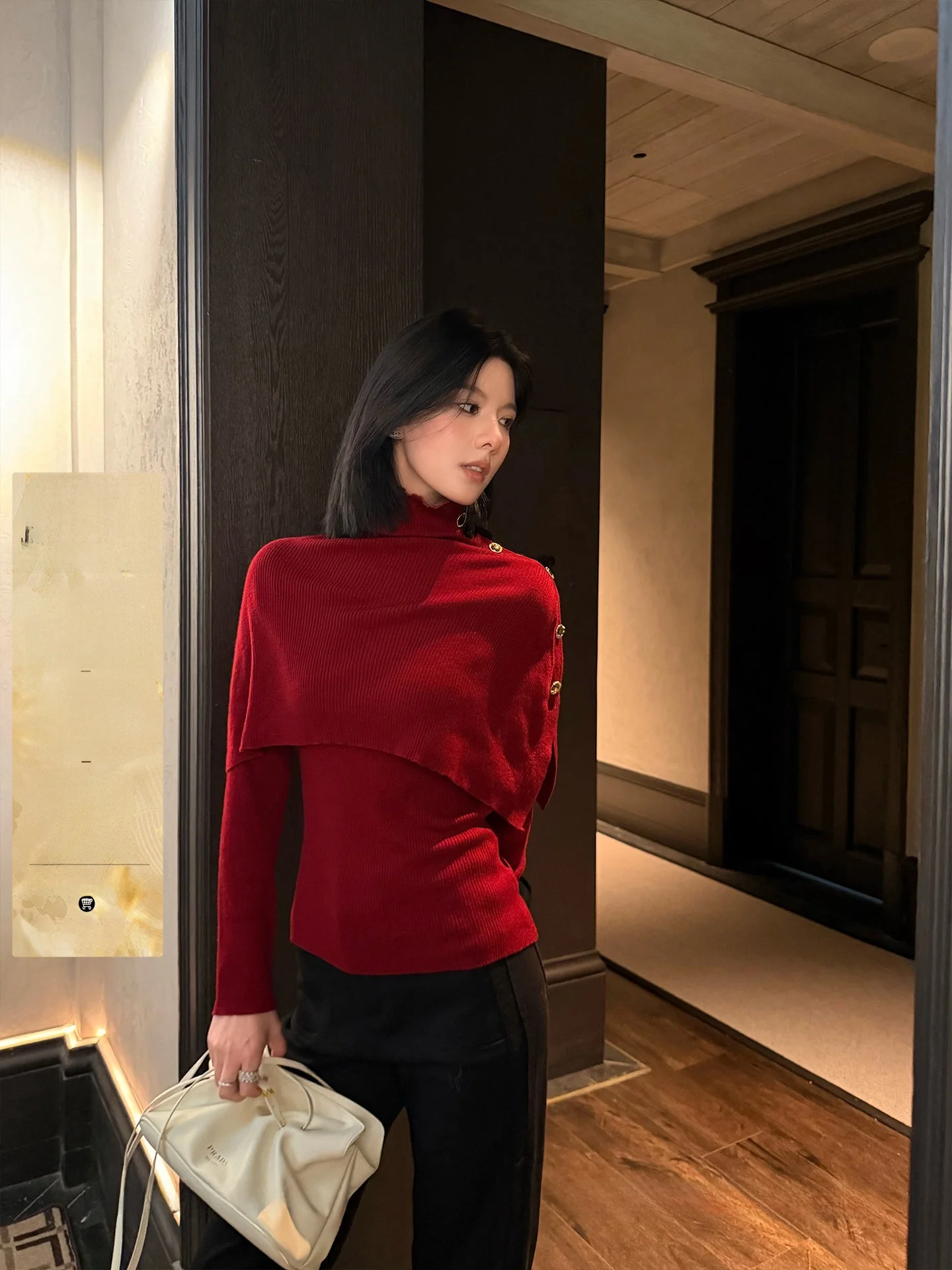 

Ele Wine Red Knitted Sweater with awl Unique Design Fake Two-Piece Metal Button Women's Faion Spring Casual Wear