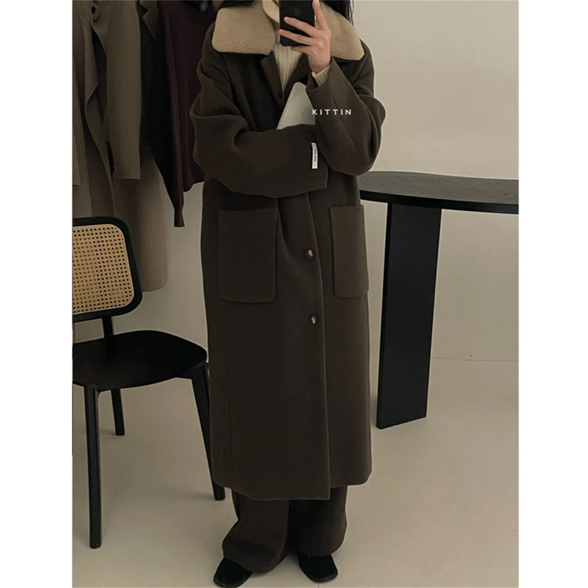 Milk Tea Baby Lamb Wool Collar Woolen Coat Women Autumn and Winter Woolen Coat Winter Thickening Korean Winter Hepburn 2022