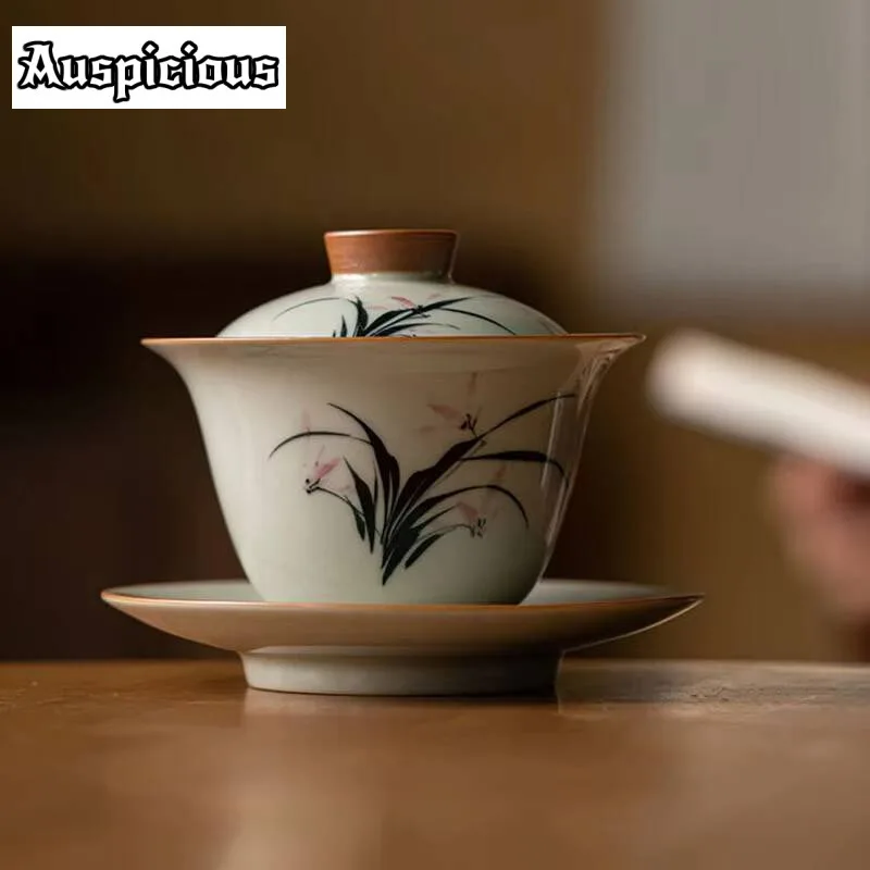 

160ml Hand-painted Orchid Ceramic Tea Tureen Handmade Plant Ash Sancai Cover Bowl Tea Maker Tea Bowl Kungfu Tea Set Tea Ceremony