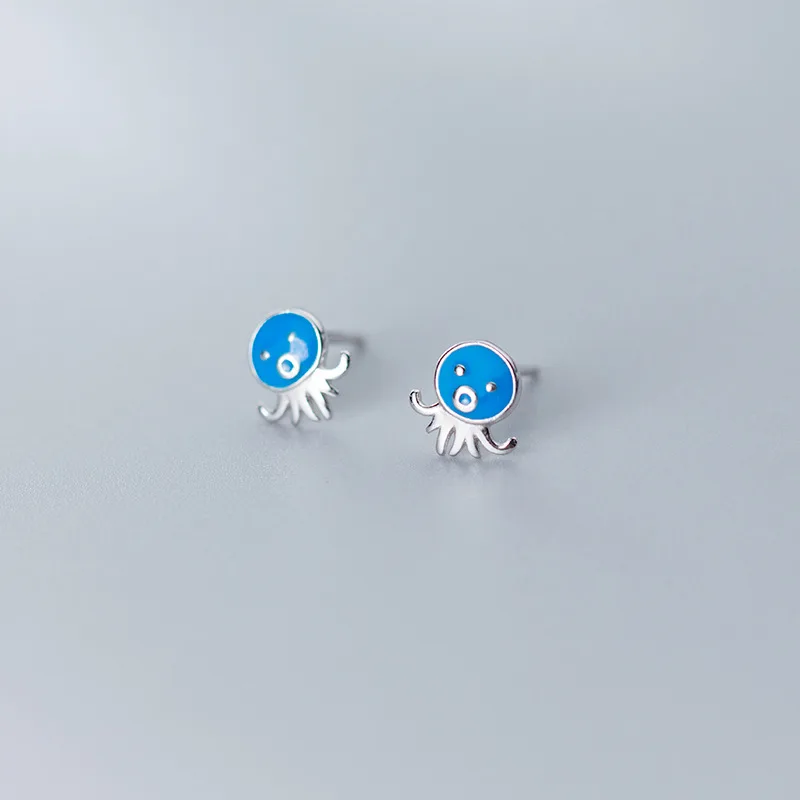 RYJU 925 Sterling Silver Blue Octopus Stud Earrings for Women Marine Life Jewelry Girl Youthful Moving Jewelry Birthday Jewelry