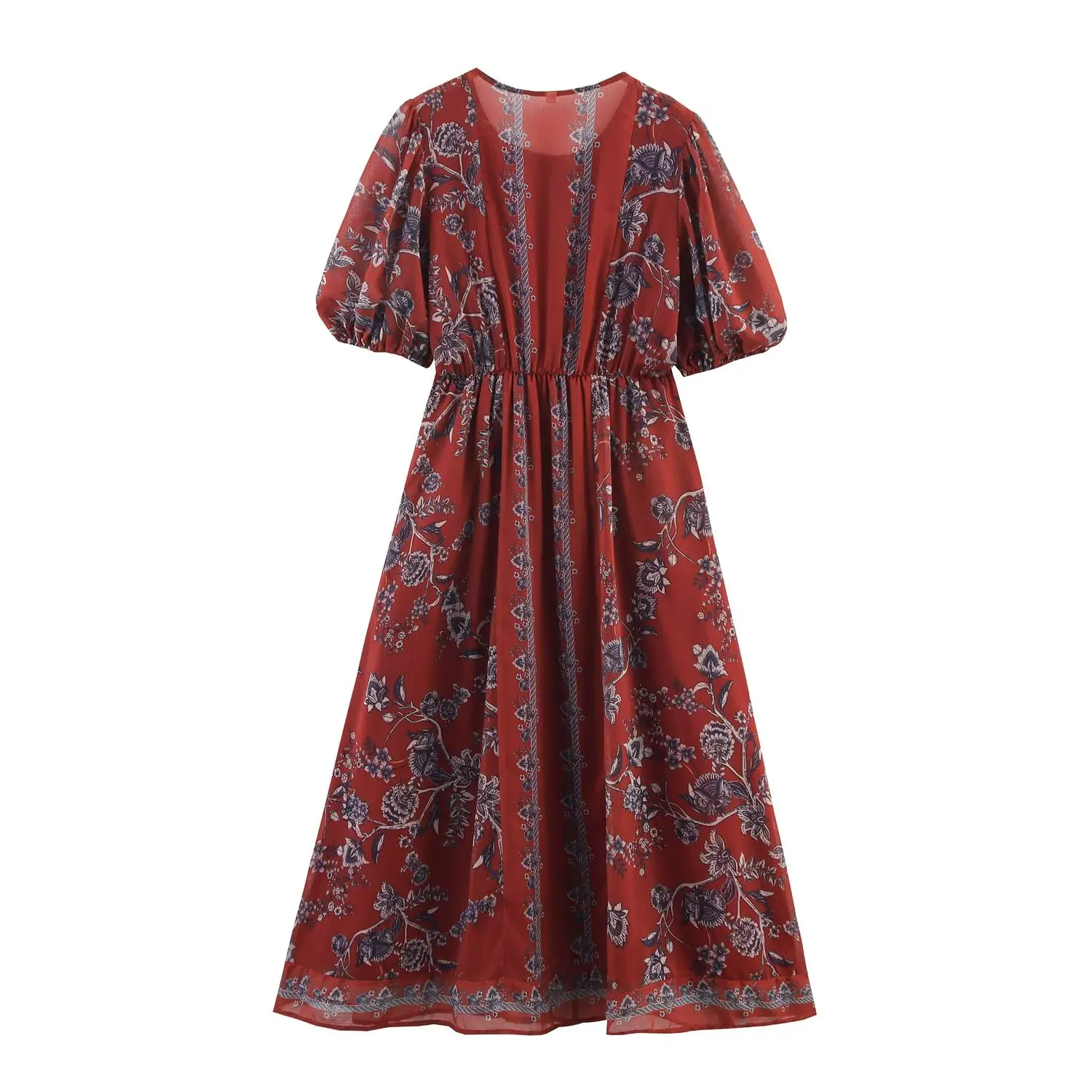 4 farben 2025 BOHO Frauen Blume Drucken O hals Offene Tasten Chiffon Hemd Kleid Ethnische Elastische Taille Puff Sleeve Midi Kleider robe