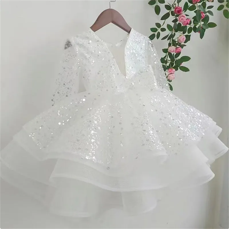 Vestido de Natal branco da criança, vestido Tutu, vestido de aniversário de um ano, traje de Natal Glitter, 12M, 18M