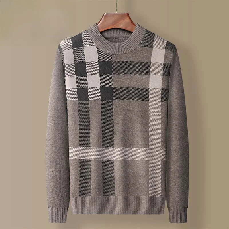 Warm Plaid Knitted Sweater round Ne Dad Sle Deep ey Spring Autumn Base Layer irt Men's Casual Loose Fit Polyester Fiber