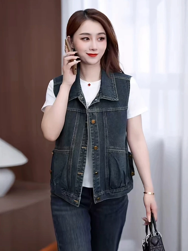 

Faionable Джинсовый жилет Женская верхняя одежда ort Sle Дизайн пуговиц Хлопковый материал Воротник Обычный тонкий цвет