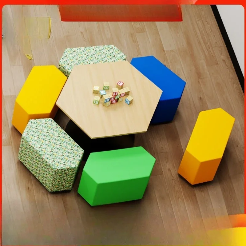Early education kindergarten sofa stool colorful hexagonal children's rhombus stool soft bag sofa wooden table combination