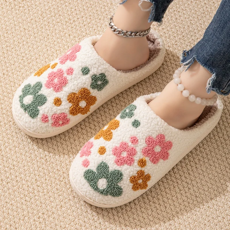 Fashion Flowers Pretty Bow Bear Women Slippers Autumn Winter Men Home Cute Cartoon Plush Sandals Couple Warm Cotton Flat Shoes