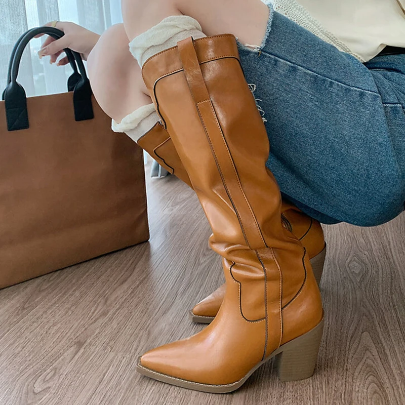 JOZHAMTA Size 33-40 Women Knee-High Boots Autumn Winter Square High Heel Long Shoes Woman Office Lady Genuine Leather High Boots