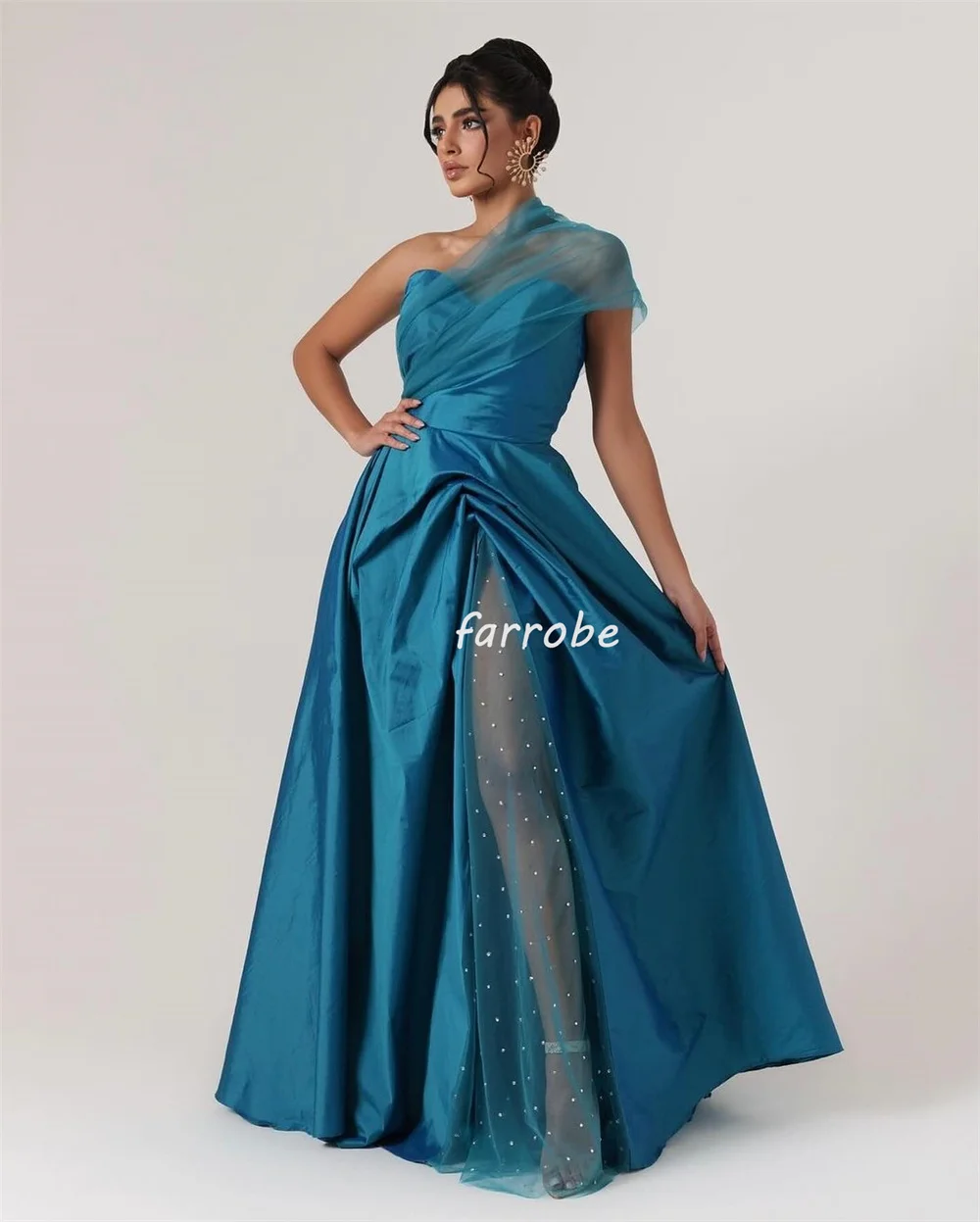 Customized Matching High Quality Pleat Ruched Draped Sequined A-line One-shoulder Long Dresses Bespoke Occasion Dresses Sizes Av