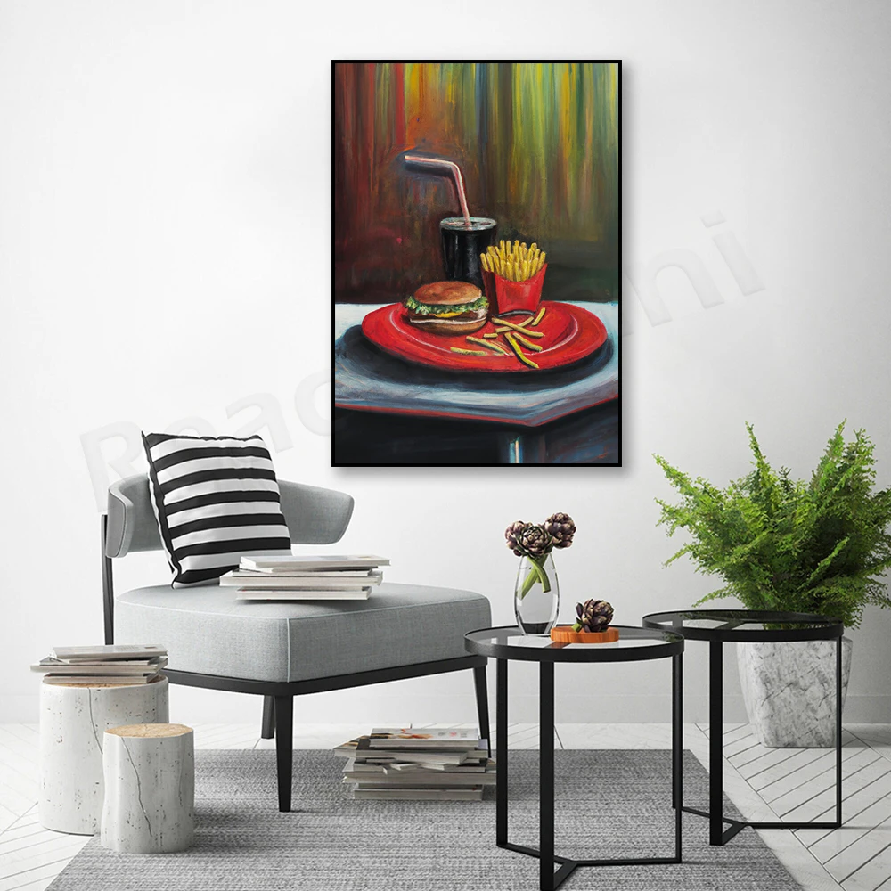 Fast food still life print, fast food fries, burger art picture food print, modern kitchen wall decor canvas poster gift