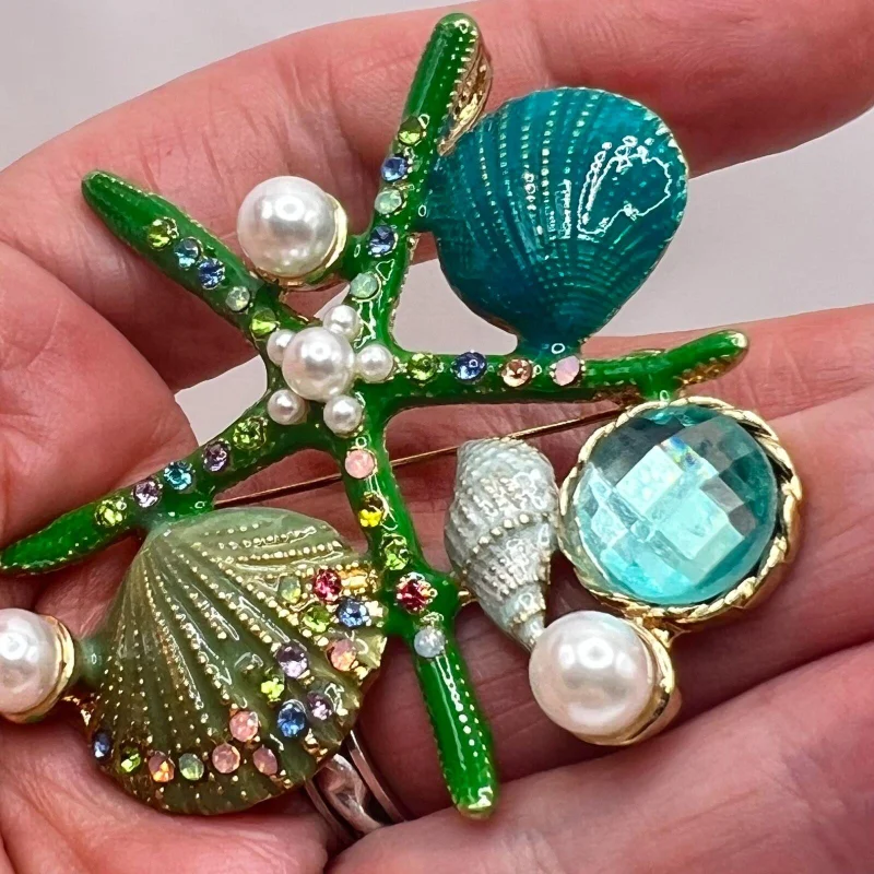 Korean Fashion Enamel Starfish Shell Brooch Retro Men\'s and Women\'s Marine Life Clothing Pin Accessories Pearl Breastflower