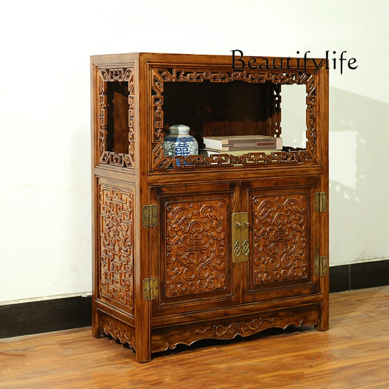 Nordic New Chinese Style Solid Wood Carving Entrance Cabinet Household Minimalist Storage Cabinet