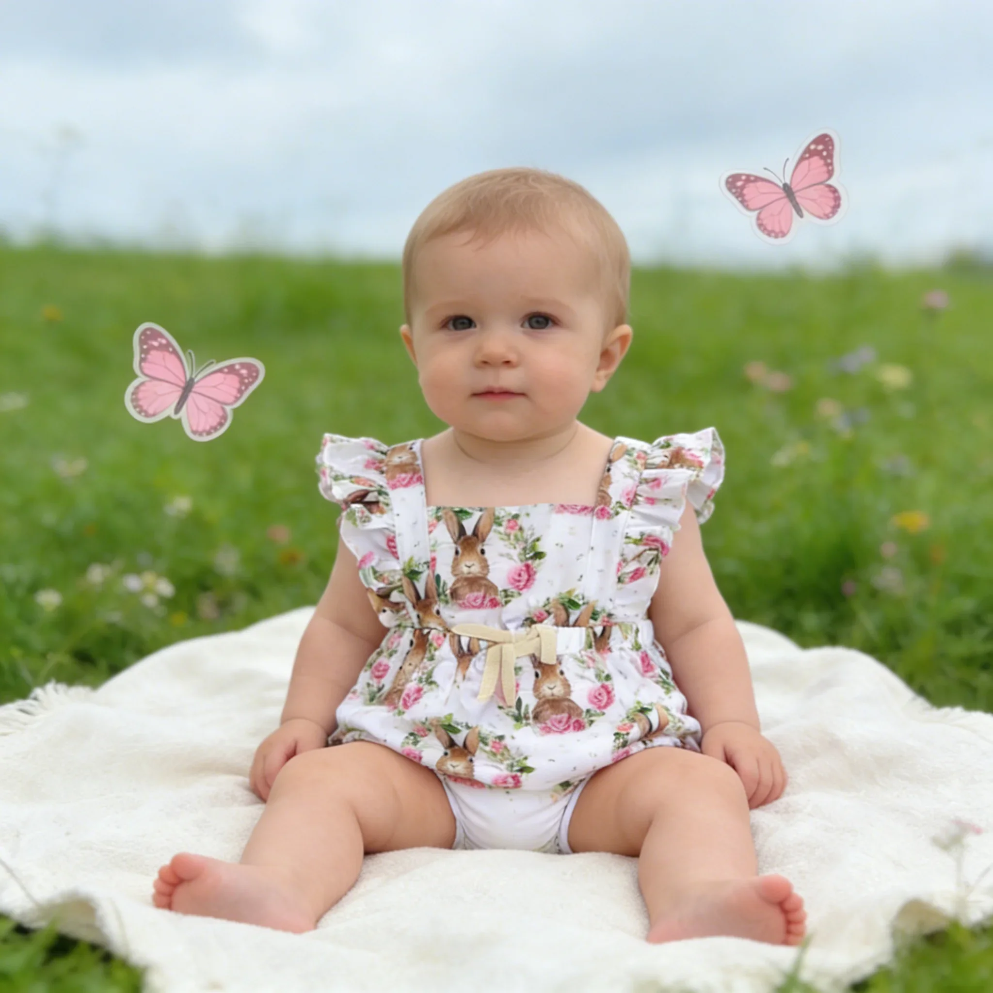 Easter Summer Baby Girls Romper Baby Clothing Toddler Rabbit Print Ruffle Sleeveless Square Neck Jumpsuit Infant Outfits